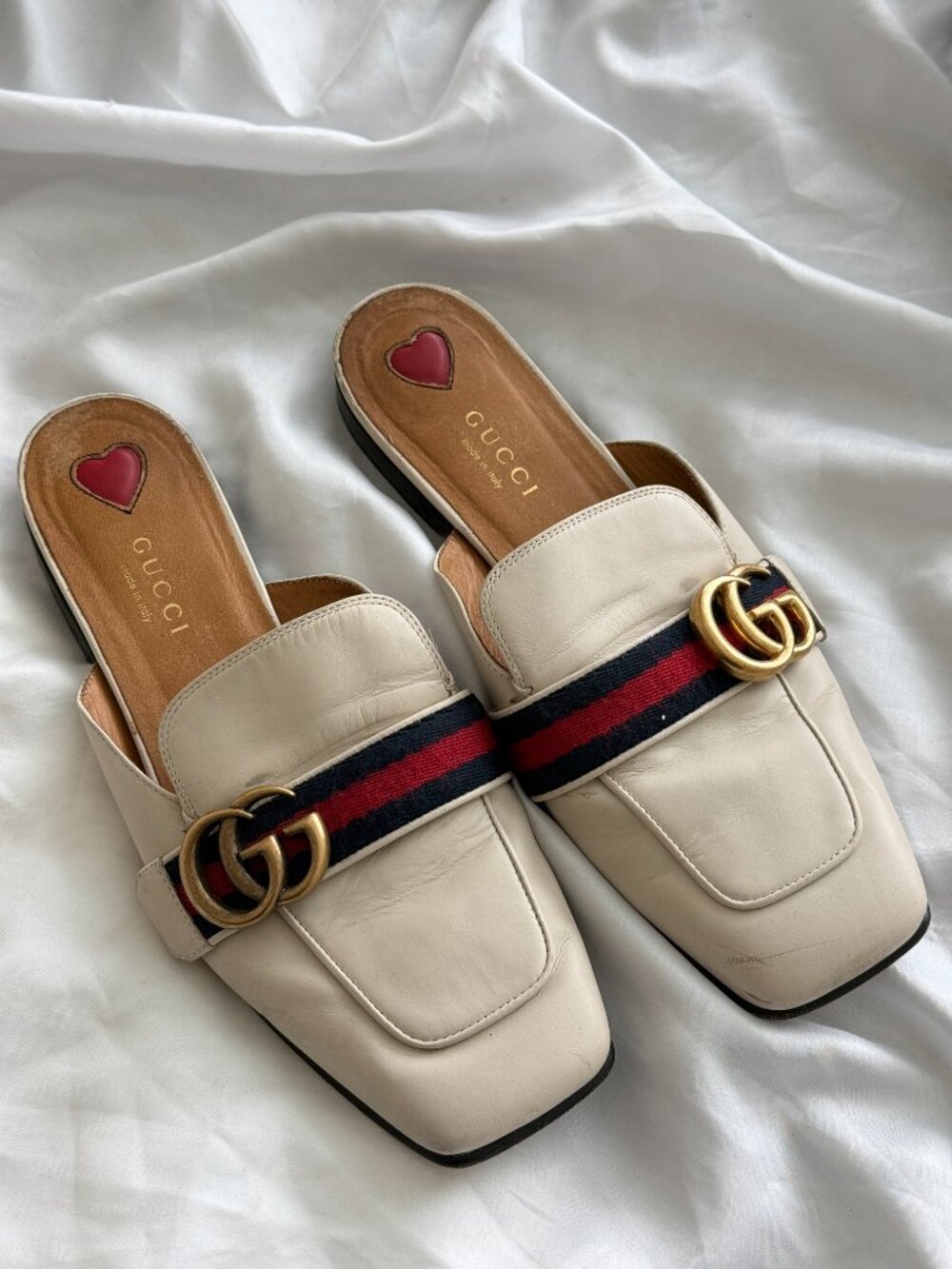 Gucci Double G Web Leather Mule Loafers Cream Size 36.5